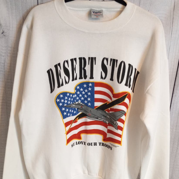 Vintage '91 Desert Storm American Flag Fighter Jet WE LOVE OUR TROOPS Sweatshirt - Picture 3 of 11